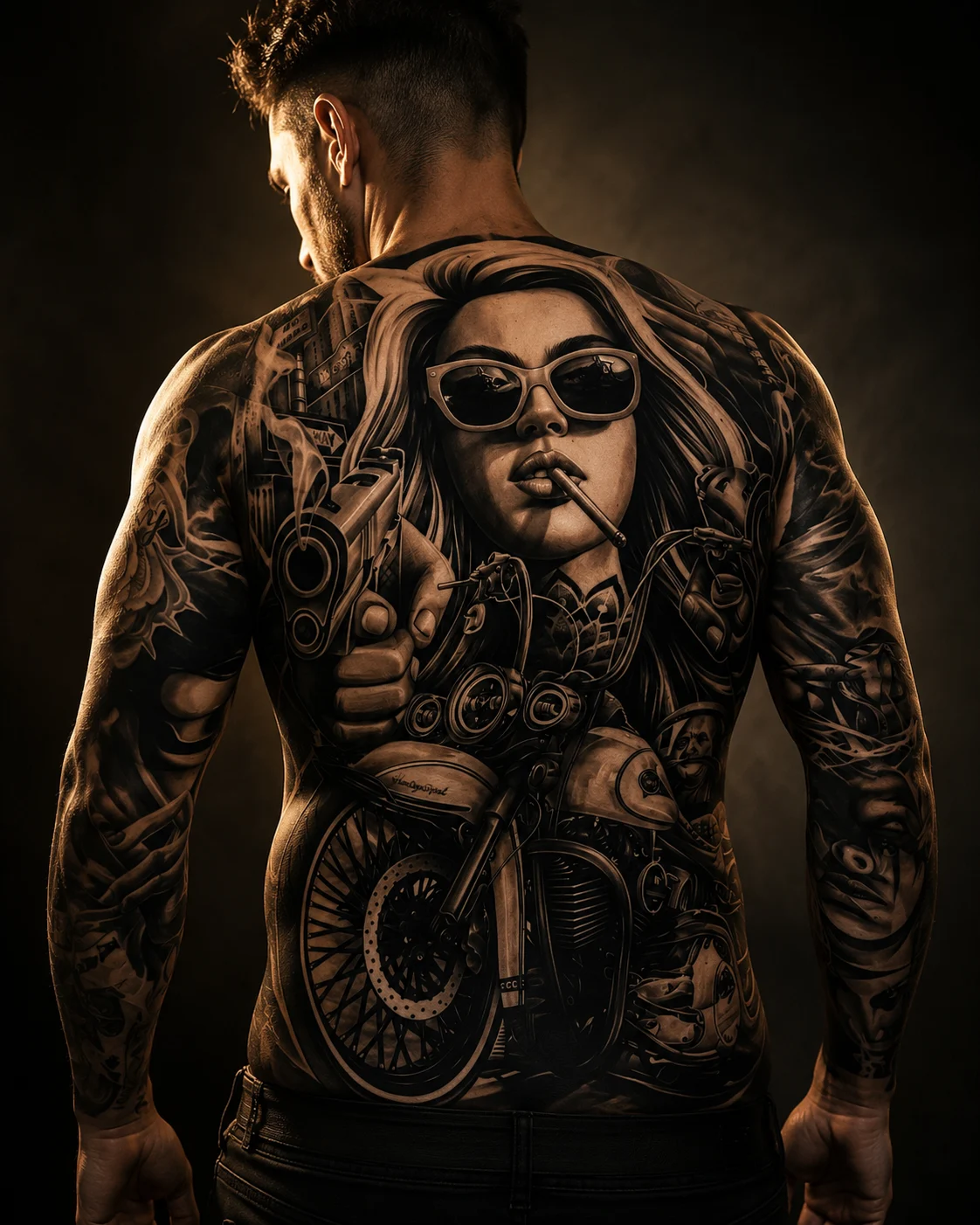 Detailed black and gray realism back tattoo from Bloodline Tattoo Phuket
