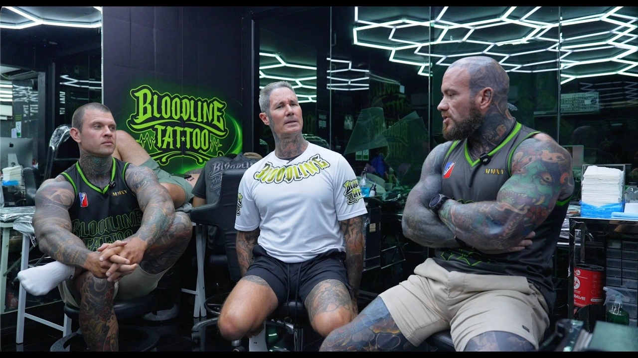 The three Bloodline Tattoo founders together inside the Phuket tattoo studio
