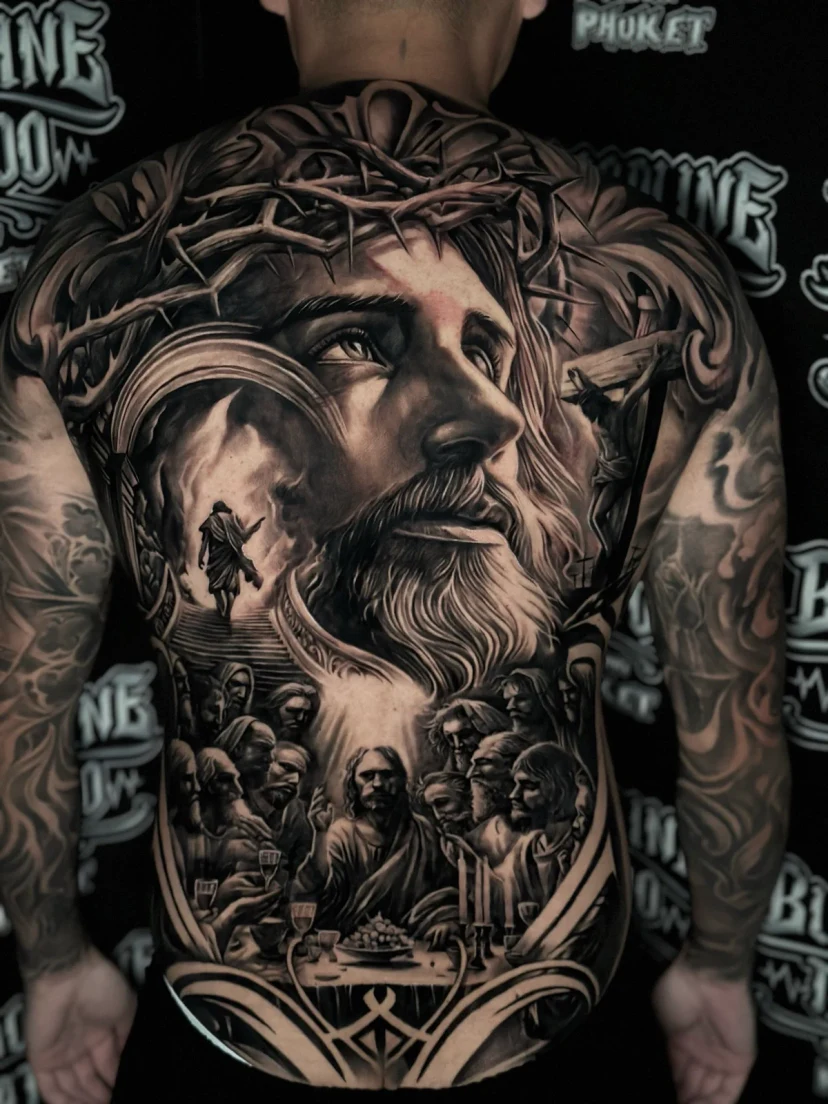 Sacred portrait back tattoo shared in the conversation