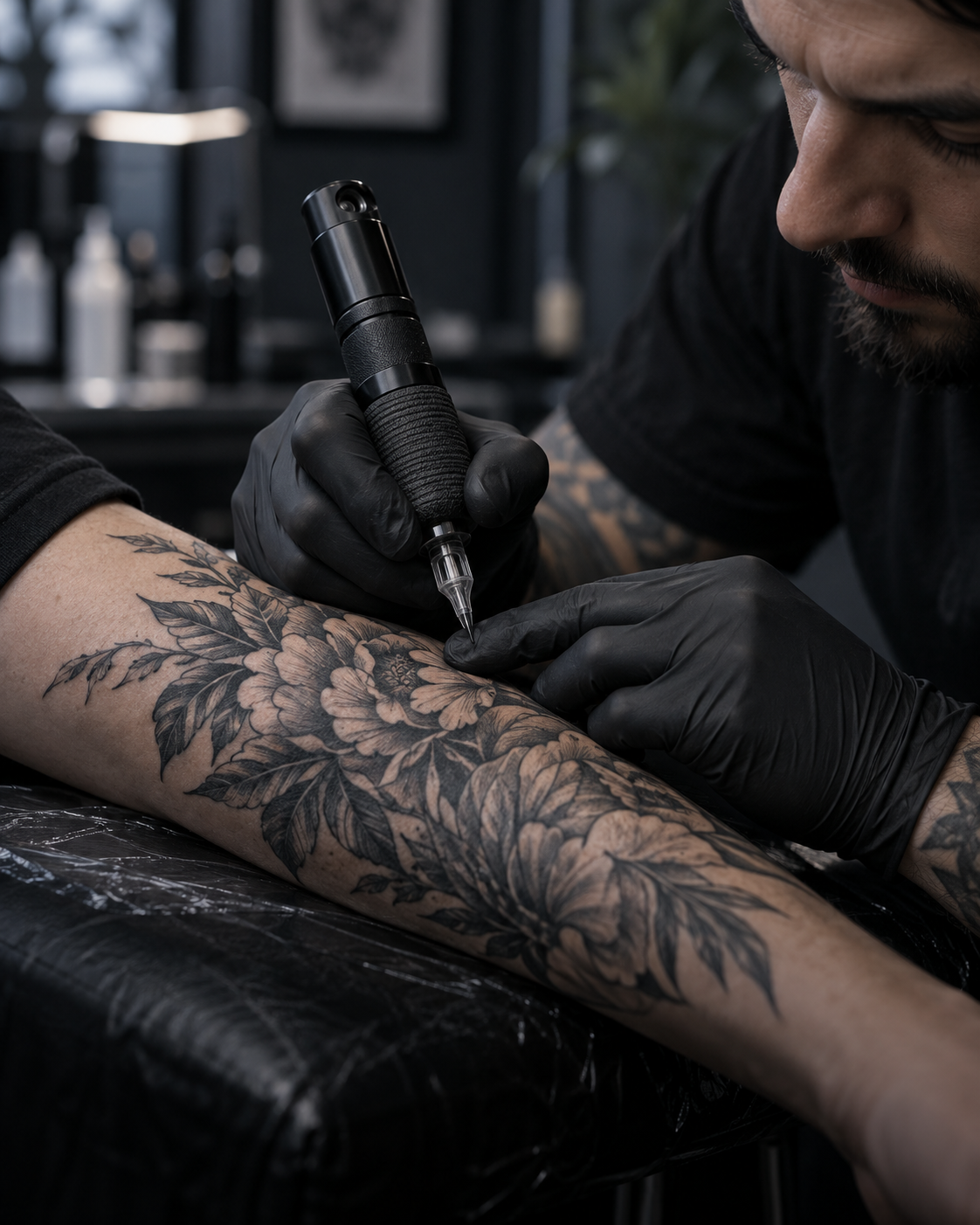 An artist using a tattoo machine to work on a floral forearm tattoo